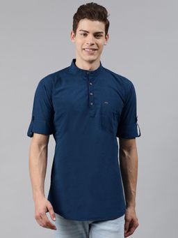 Urbano Fashion - Men Dark Blue Cotton Full Sleeve Casual Shirt With Mandarin Collar Slim Fit