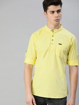 Urbano Fashion - Men Lemon Yellow Cotton Full Sleeve Casual Shirt With Mandarin Collar Slim Fit