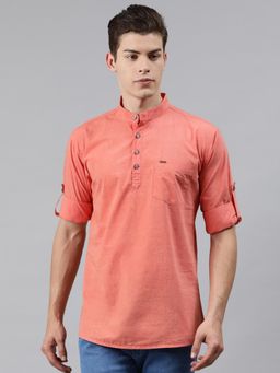 Urbano Fashion - Men Light Orange Cotton Full Sleeve Casual Shirt With Mandarin Collar Slim Fit
