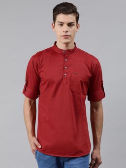 Urbano Fashion - Men Maroon Cotton Full Sleeve Casual Shirt With Mandarin Collar Slim Fit
