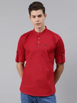 Urbano Fashion - Men Red Cotton Full Sleeve Casual Shirt With Mandarin Collar Slim Fit