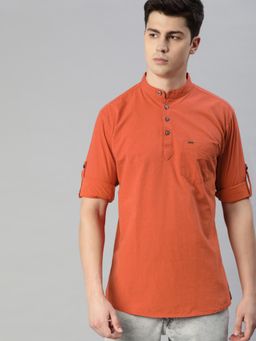 Urbano Fashion - Men Rust Cotton Full Sleeve Casual Shirt With Mandarin Collar Slim Fit