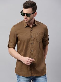 Urbano Fashion - Men Olive Green Cotton Full Sleeve Casual Shirt With Regular Collar Slim Fit