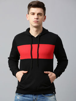 Urbano Fashion - Men's Black Red Color-Block Slim Fit Cotton Hooded Sweatshirt