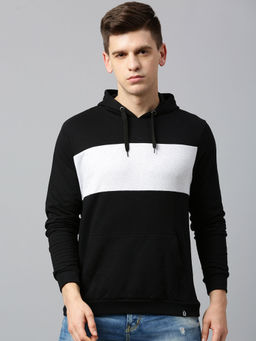 Urbano Fashion - Men's Black White Color-Block Slim Fit Cotton Hooded Sweatshirt