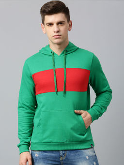 Urbano Fashion - Men's Green Red Color-Block Slim Fit Cotton Hooded Sweatshirt