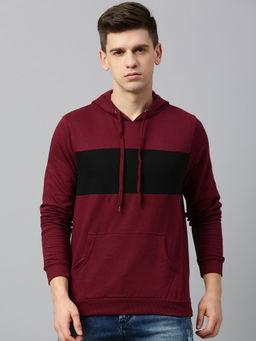 Urbano Fashion - Men's Maroon Black Color-Block Slim Fit Cotton Hooded Sweatshirt