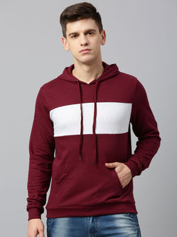 Urbano Fashion - Men's Maroon White Color-Block Slim Fit Cotton Hooded Sweatshirt