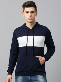 Urbano Fashion - Men's Navy Blue White Color-Block Slim Fit Cotton Hooded Sweatshirt