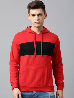 Urbano Fashion - Men's Red Black Color-Block Slim Fit Cotton Hooded Sweatshirt