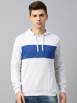 Urbano Fashion - Men's White Blue Color-Block Slim Fit Cotton Hooded Sweatshirt