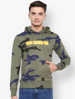 Urbano Fashion - Men's Green Camouflage Slim Fit Cotton Hooded Sweatshirt
