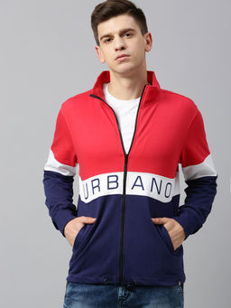Urbano Fashion - Men's Red White Navy Blue Colorblocked Slim Fit Cotton Sweatshirt