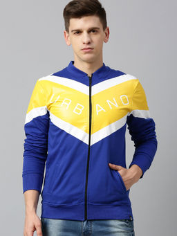 Urbano Fashion - Men's Blue White Yellow Colorblocked Slim Fit Cotton Zippered Sweatshirt