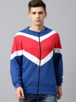 Urbano Fashion - Men's Red White Blue Colorblocked Slim Fit Cotton Zippered Sweatshirt