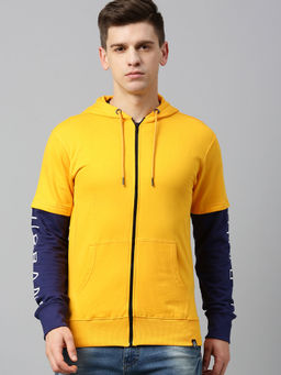 Urbano Fashion - Men's Yellow Colorblocked Slim Fit Cotton Hooded Sweatshirt