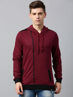 Urbano Fashion - Men's Maroon Slant Zippered Slim Fit Cotton Hooded Sweatshirt
