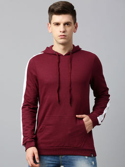 Urbano Fashion - Men's Maroon Side Striped Slim Fit Cotton Hooded Sweatshirt
