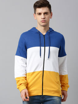Urbano Fashion - Men's Blue White Yellow Colorblocked Zippered Cotton Hooded Sweatshirt