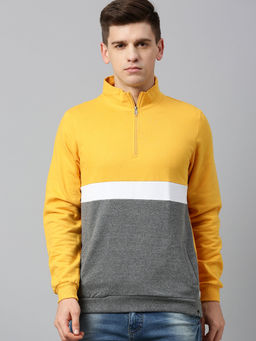Urbano Fashion - Men's Yellow White Charcoal Colorblocked Slim Fit Half Zippered Sweatshirt