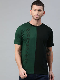 Urbano Fashion - Men Green and Black Printed Half Sleeve Cotton T-Shirt