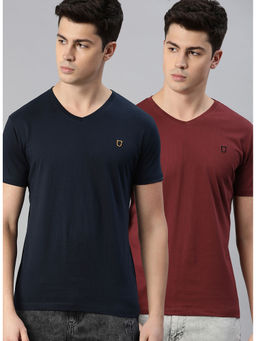 Urbano Fashion - Men Navy Blue and Maroon Solid V-Neck Cotton T-Shirts (Pack of 2)