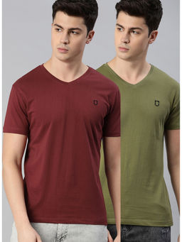 Urbano Fashion - Men Maroon and Olive Green Solid V-Neck Cotton T-Shirts (Pack of 2)