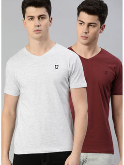 Urbano Fashion - Men Maroon and White Melange Solid V-Neck Cotton T-Shirts (Pack of 2)