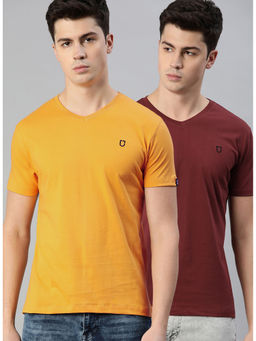 Urbano Fashion - Men Maroon and Yellow Solid V-Neck Cotton T-Shirts (Pack of 2)
