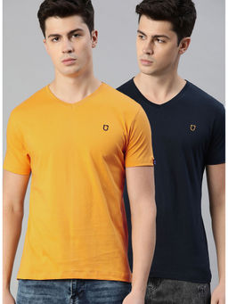 Urbano Fashion - Men Navy Blue and Yellow Solid V-Neck Cotton T-Shirts (Pack of 2)