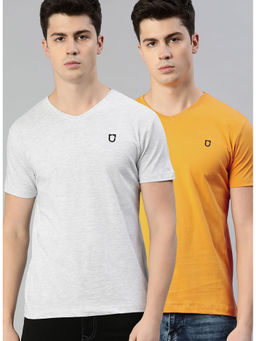 Urbano Fashion - Men White and Yellow Solid V-Neck Cotton T-Shirts (Pack of 2)