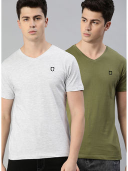 Urbano Fashion - Men Olive Green and White Melange Solid V-Neck Cotton T-Shirts (Pack of 2)