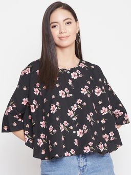 Uptownie - Black Printed Button Down Cape Top