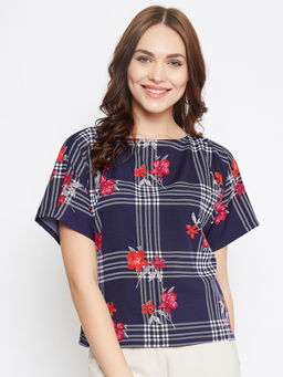 Uptownie - Navy Blue Crepe Floral Printed Boxy Top