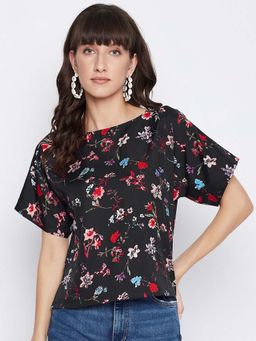 Uptownie - Women's Black Crepe Printed Boxy Top