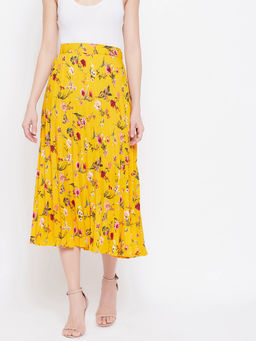 Uptownie - Women Crepe Printed Pleated Midi Skirt - Yellow