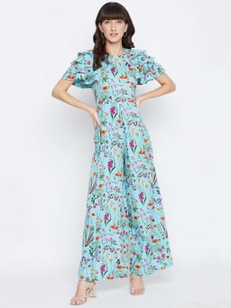 Uptownie - Women's Blue Crepe Ruffle Sleeves Jumpsuit