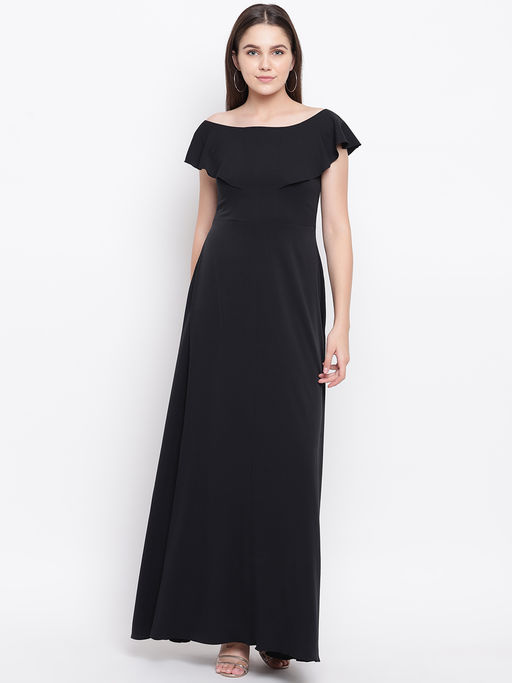 Uptownie Black Crepe Solid Ruffled Maxi Dress
