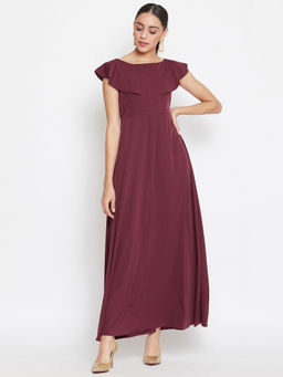 Uptownie Lite - Maroon Crepe Solid Ruffled Maxi Dress