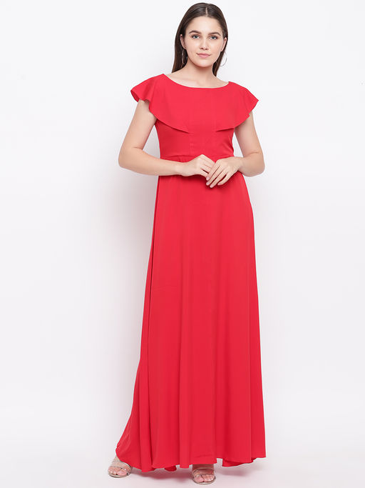 Uptownie Red Crepe Solid Ruffled Maxi Dress