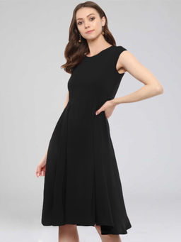 Uptownie - Black Crepe Solid Cap Sleeves Skater Dress