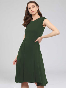 Uptownie - Green Crepe Solid Cap Sleeves Skater Dress