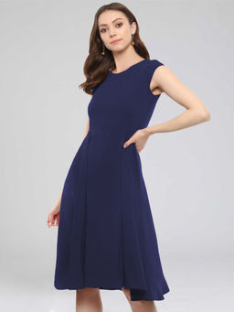 Uptownie - Navy Blue Crepe Solid Cap Sleeves Skater Dress
