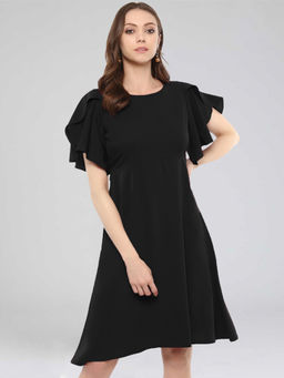 Uptownie - Black Crepe Solid Ruffle Sleeves Fit & Flare Skater Dress