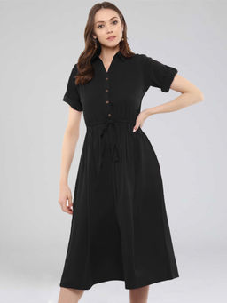 Uptownie - Black Crepe Solid Button Down Below Knee Skater Dress