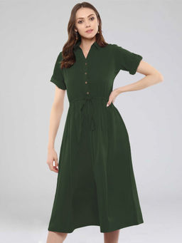 Uptownie - Green Crepe Solid Button Down Below Knee Skater Dress