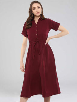 Uptownie - Maroon Crepe Solid Button Down Below Knee Skater Dress