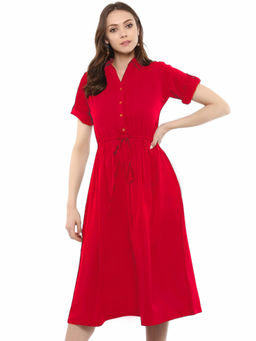 Uptownie - Red Crepe Solid Button Down Below Knee Skater Dress