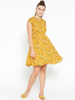 Uptownie - Yellow Rayon Floral Printed Cap Sleeves Skater Dress