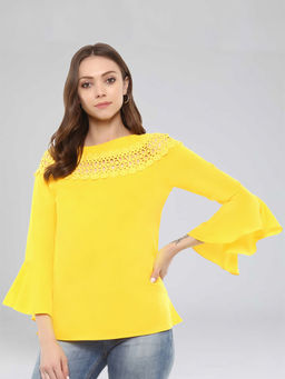 Uptownie - Yellow Crepe Solid Bell Sleeves with lace Detail Top